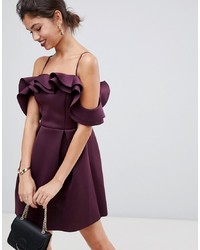 Dark Purple Ruffle Lace Fit and Flare Dress