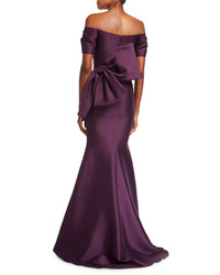 Badgley Mischka Off The Shoulder Bow Back Ruched Satin Evening Gown