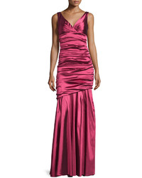 Theia Sleeveless Ruched Mermaid Gown Magenta