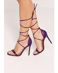 Missguided Satin Lace Up Barely There Heeled Sandals Purple