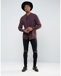 Asos Regular Fit Viscose Shirt With Pussy Bow In Plum