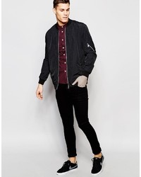 Asos Brand Skinny Shirt In Burgundy With Grandad Collar And Short Sleeves