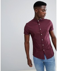 ASOS DESIGN Casual Skinny Oxford Shirt With Grandad Collar In Burgundy
