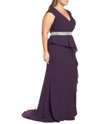 Mac Duggal Plus Size Embellished Front Slit Peplum Gown
