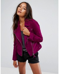 Dark Purple Studded Suede Biker Jacket