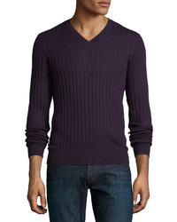Neiman Marcus Superfine Cashmere Ribbed V Neck Sweater Dark Purple