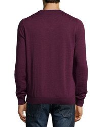 Neiman Marcus Wool Long Sleeve V Neck Sweater Pompeii