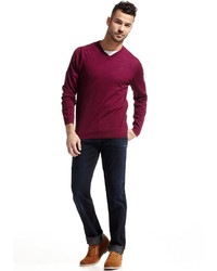 Neiman Marcus Wool V Neck Modern Fit Sweater Magenta