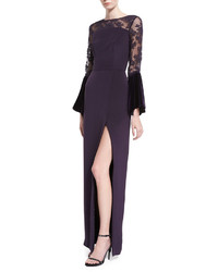 Monique Lhuillier Crepe Lace Yoke Gown With Velvet Bell Sleeves