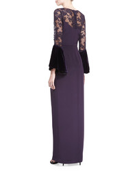 Monique Lhuillier Crepe Lace Yoke Gown With Velvet Bell Sleeves
