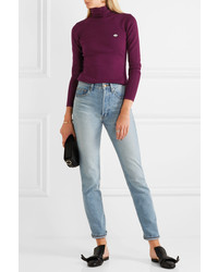See by Chloe See By Chlo Appliqud Stretch Cotton Blend Turtleneck Sweater Plum