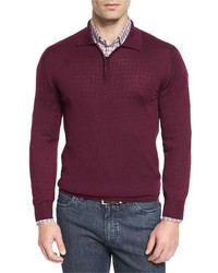 Brioni Cashmere Silk Quarter Zip Polo Sweater Burgundy