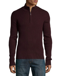 Neiman Marcus Ribbed Quarter Zip Sweater Black Currant