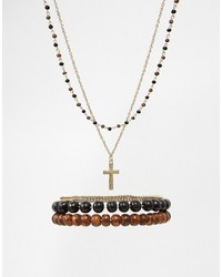Asos Brand Beaded Necklace And Bracelet Pack With Cross In Gold