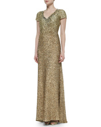 Pamella Roland Cap Sleeve Allover Beaded Gown Burnished Gold