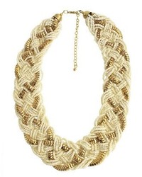 Braided Beaded Bib Necklace Cream With Gold Chain Accents 18