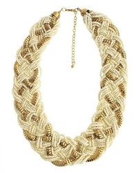 Braided Beaded Bib Necklace Cream With Gold Chain Accents 18