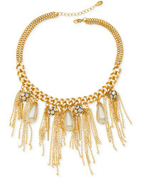 GUESS Gold Tone Bead Chain And Fringe Frontal Bib Necklace