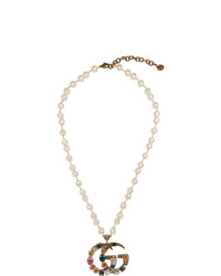 Gucci Gold Crystal And Pearl Pendant Necklace