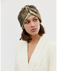 ASOS DESIGN Knot Front Hat In Gold Sequin