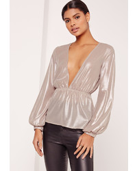 Missguided Metallic Foiled Plunge Neck Blouse Silver