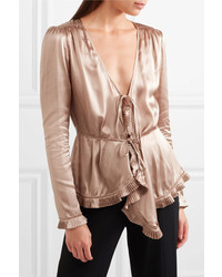 Tomas Maier Pleat Trimmed Silk Charmeuse Blouse Gold