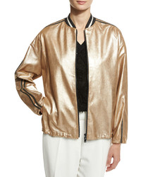 Brunello Cucinelli Metallic Leather Bomber Jacket Gold