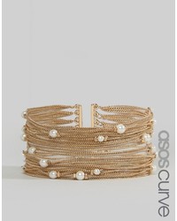 Asos Curve Curve Fine Chain And Faux Pearl Multirow Bracelet