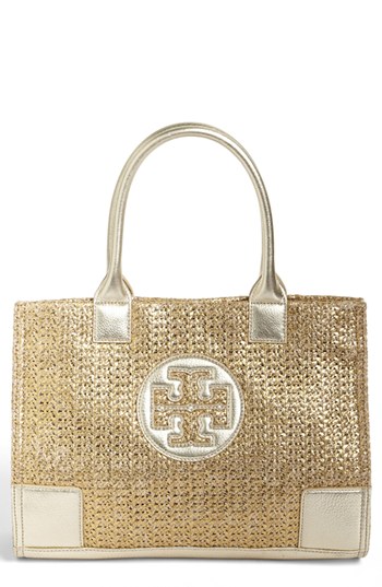 Tory Burch Straw Perforated Logo Tote Bag, Tory Navy/natural In  Natural/gold