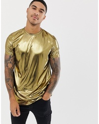 ASOS DESIGN Longline T Shirt In Metallic Fabric In Gold