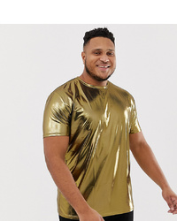 ASOS DESIGN Plus Relaxed Longline T Shirt In Metallic Fabric In Gold