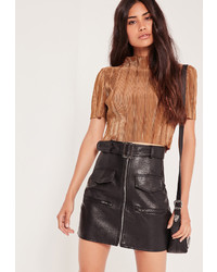 Missguided Pleated High Neck Short Sleeve Crop Top Gold