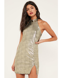 Missguided Gold Foiled Metallic High Neck Mini Dress