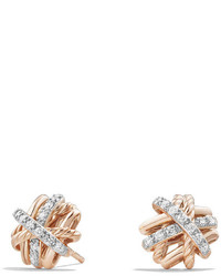 David Yurman 1mm Crossover 18k Rose Gold Earrings With Diamonds