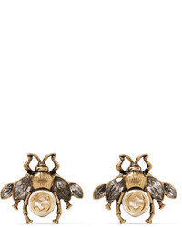 Gucci Burnished Gold Tone Faux Pearl And Crystal Earrings
