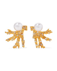 Kenneth Jay Lane Gold Tone Faux Pearl And Crystal Clip Earrings