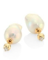 Mizuki Sea Of Beauty 12 15mm White Freshwater Pearl Diamond 18k Yellow Gold Front Back Earrings