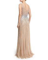 Pamella Roland Sleeveless Embellished Tulle Gown Gold
