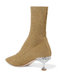 Miu Miu Crystal Embellished Metallic Ribbed Knit Sock Boots