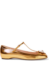 Gold Embellished Leather Ballerina Shoes