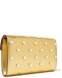 Gucci Broadway Faux Pearl Embellished Metallic Leather Clutch Gold