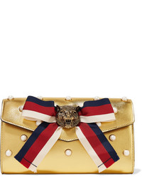 Gucci Broadway Faux Pearl Embellished Metallic Leather Clutch Gold