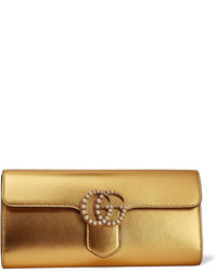 Gucci Gg Marmont Faux Pearl Embellished Metallic Leather Clutch Gold