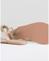 Pieces Car Nude Leather Embellished Flat Sandals