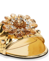Dolce & Gabbana Crystal Embellished Metallic Leather Slides Gold