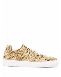Gold Embellished Leather Low Top Sneakers