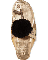 Figue Leo Pompom Embellished Metallic Leather Sandals Gold