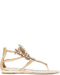 Rene Caovilla Ren Caovilla Faux Pearl And Crystal Embellished Leather Sandals Gold