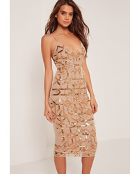 Missguided Premium Strappy Grid Embellished Midi Dress Gold