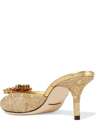 Dolce & Gabbana Crystal Embellished Metallic Corded Lace Mules Gold